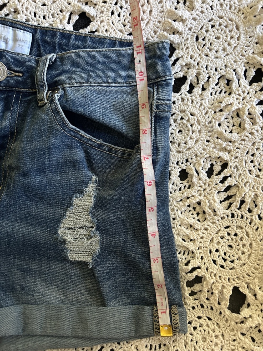 Indigo Rein Medium Blue Distressed Roll-Hem Denim Shorts - Picture 5 of 5